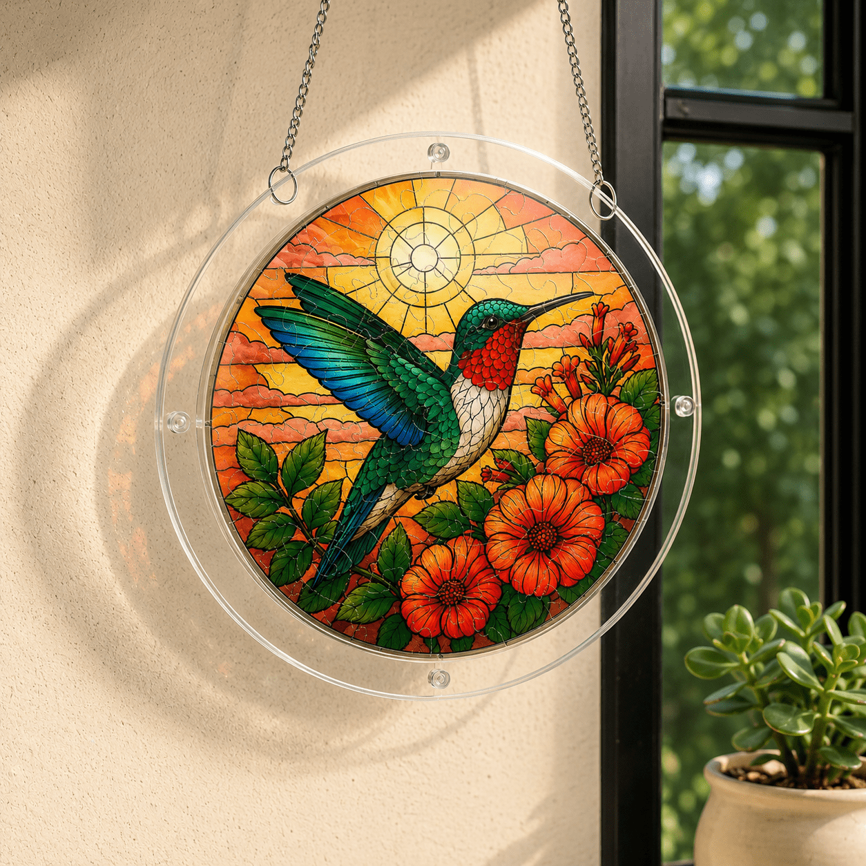 Sunset orange flower hummingbird acrylic puzzle suncatcher hanging by a sunny window