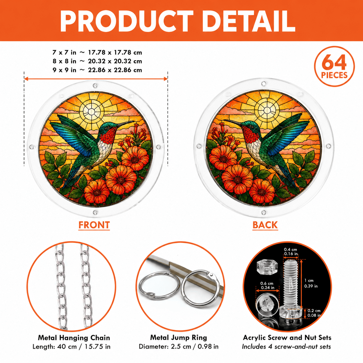 Product details showing front, back, chain, jump rings, screws, and nuts