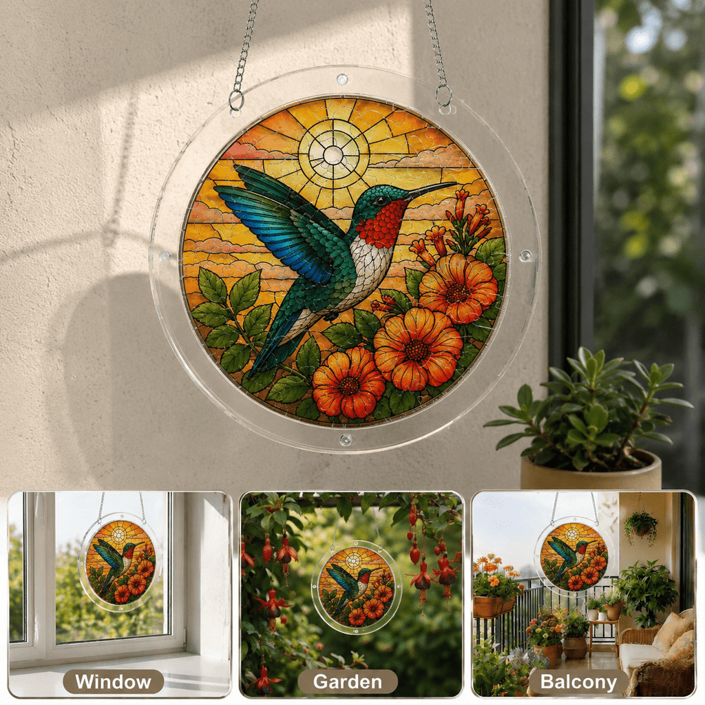 Sunset orange flower hummingbird acrylic puzzle suncatcher displayed by window, garden, and balcony spaces