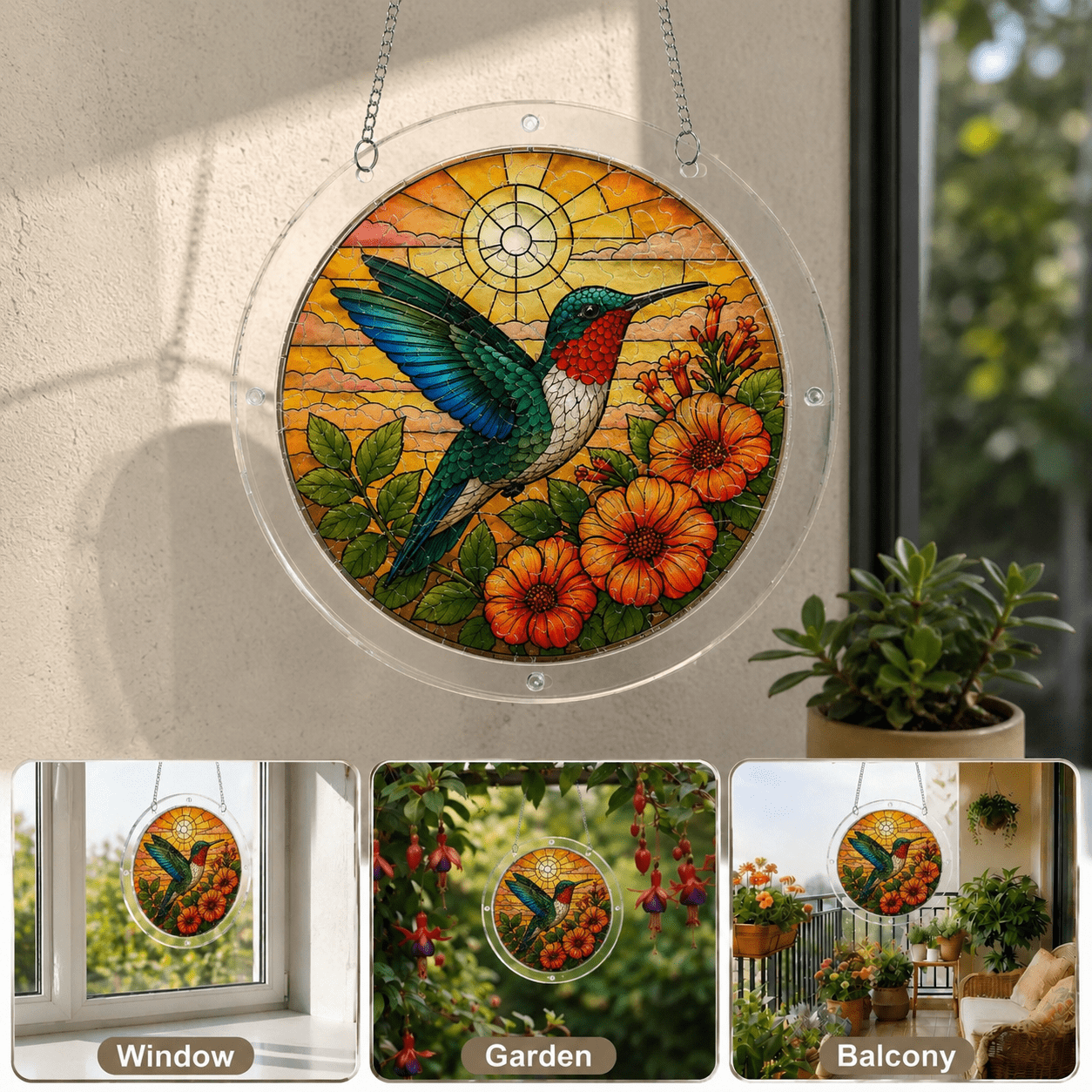 Sunset orange flower hummingbird acrylic puzzle suncatcher displayed by window, garden, and balcony spaces