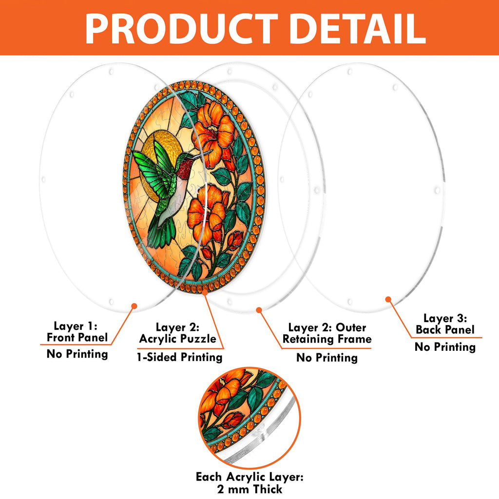Layered acrylic construction detail for the Tangerine Bloom Hummingbird puzzle suncatcher.