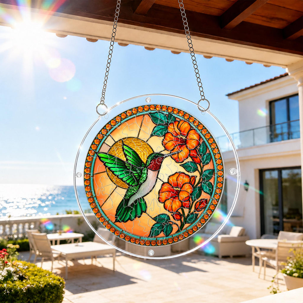 Round hummingbird acrylic puzzle suncatcher hanging beside a bright balcony window in natural sunlight.