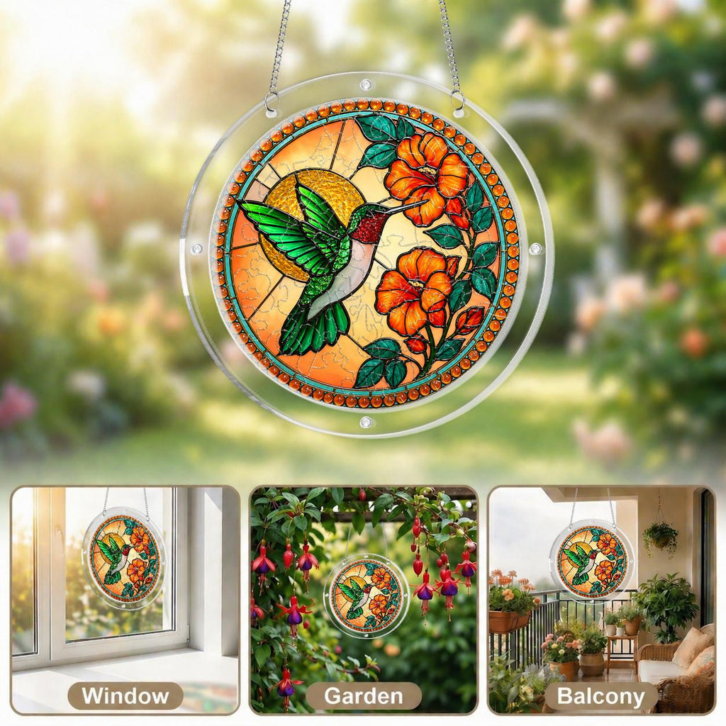 Hummingbird acrylic puzzle suncatcher shown in several bright home window display settings.