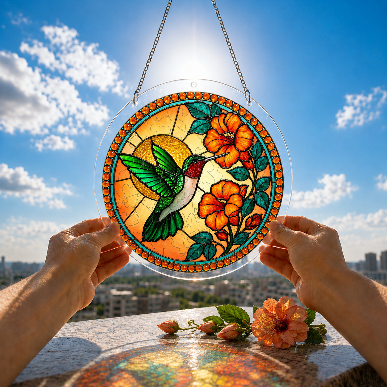 Green hummingbird acrylic puzzle suncatcher held outdoors against a bright blue sky and garden background.