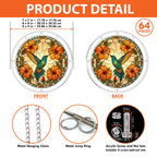 Product detail graphic showing the Tangerine Bloom Hummingbird acrylic puzzle suncatcher, size options, and included hardware.