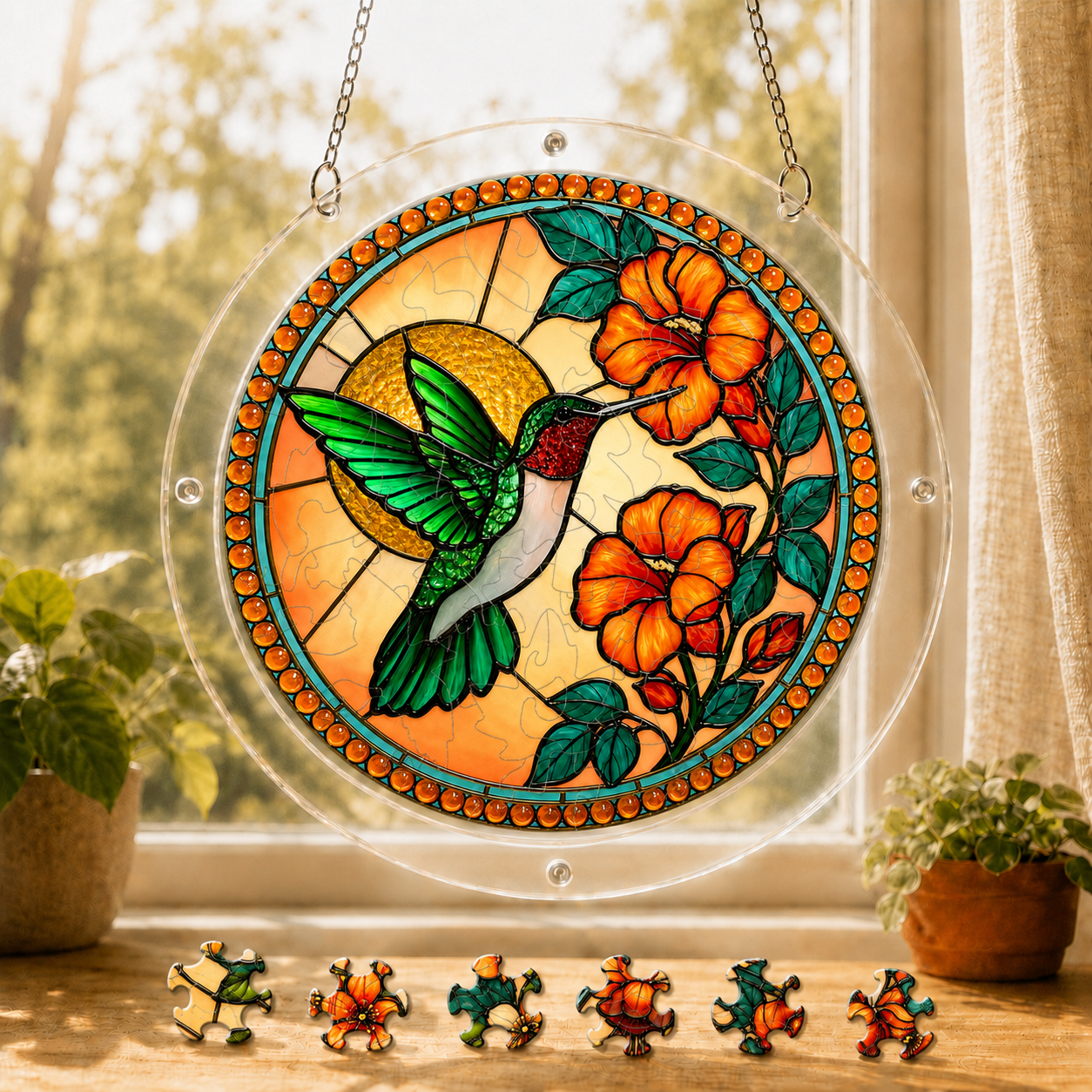Round Tangerine Bloom Hummingbird acrylic puzzle suncatcher hanging in a sunny window with colorful loose puzzle pieces below.