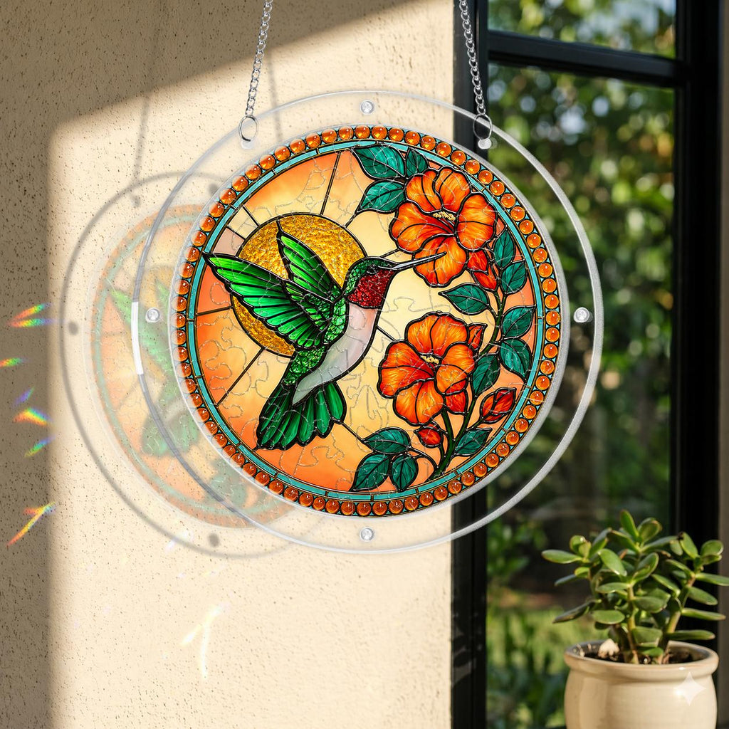 Round acrylic hummingbird puzzle suncatcher displayed by a bright window with orange flowers and warm golden artwork.
