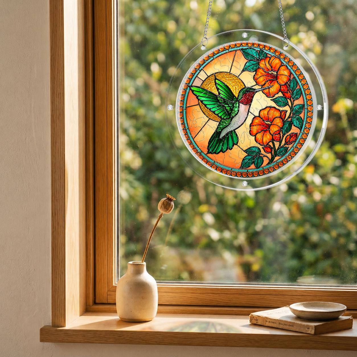 Orange floral hummingbird acrylic puzzle suncatcher hanging in a wooden window with soft natural daylight.