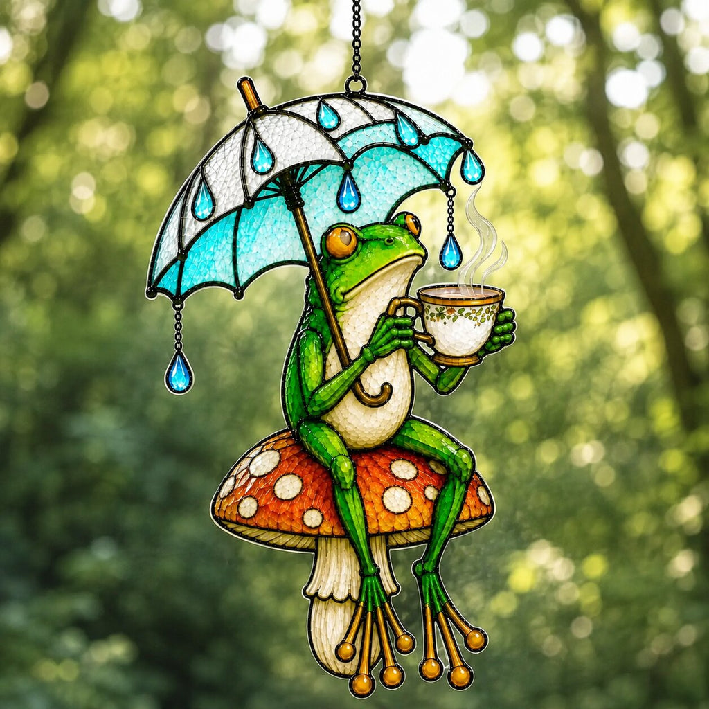 Tea Time Frog on Mushroom Holographic Acrylic Suncatcher