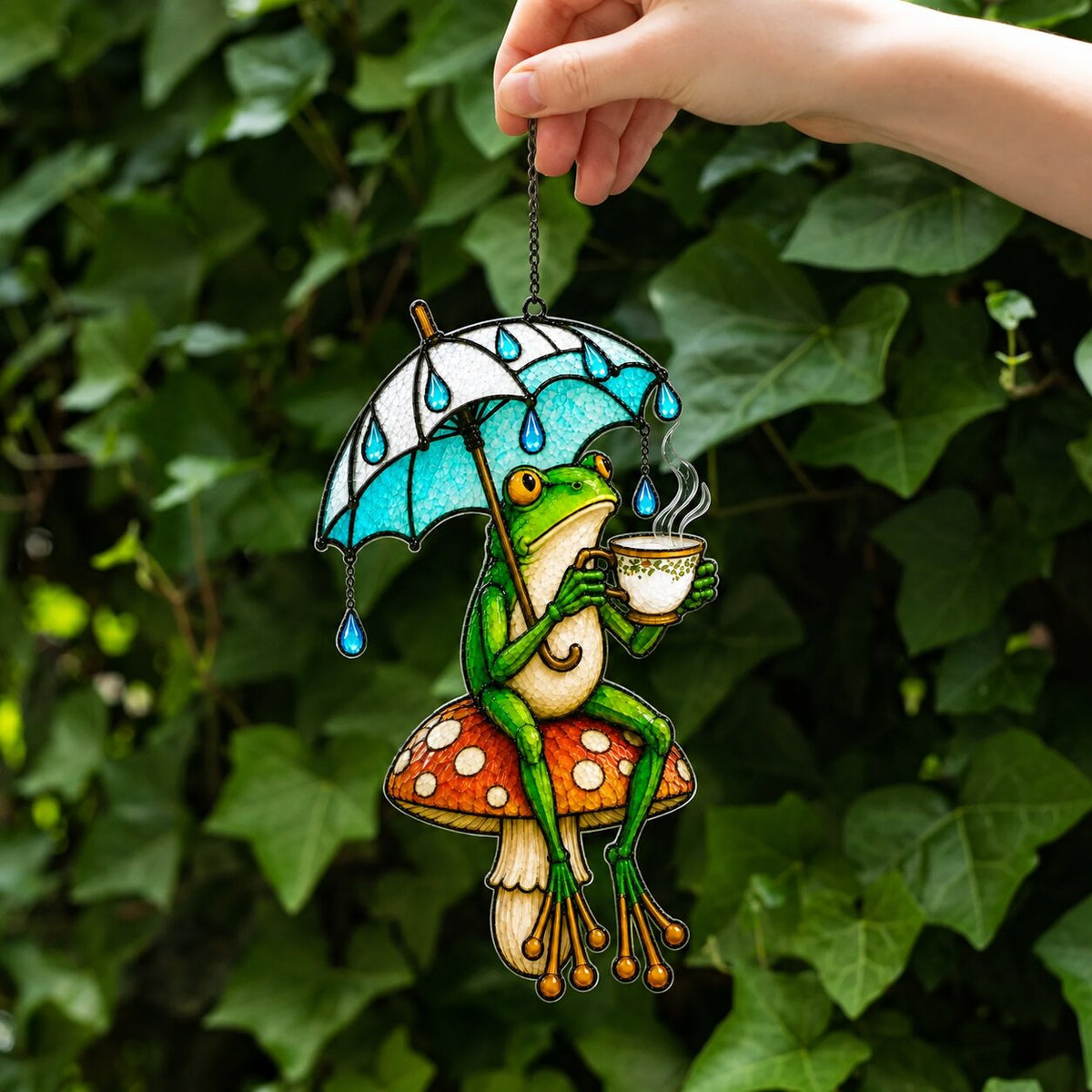 Tea Time Frog on Mushroom Holographic Acrylic Suncatcher