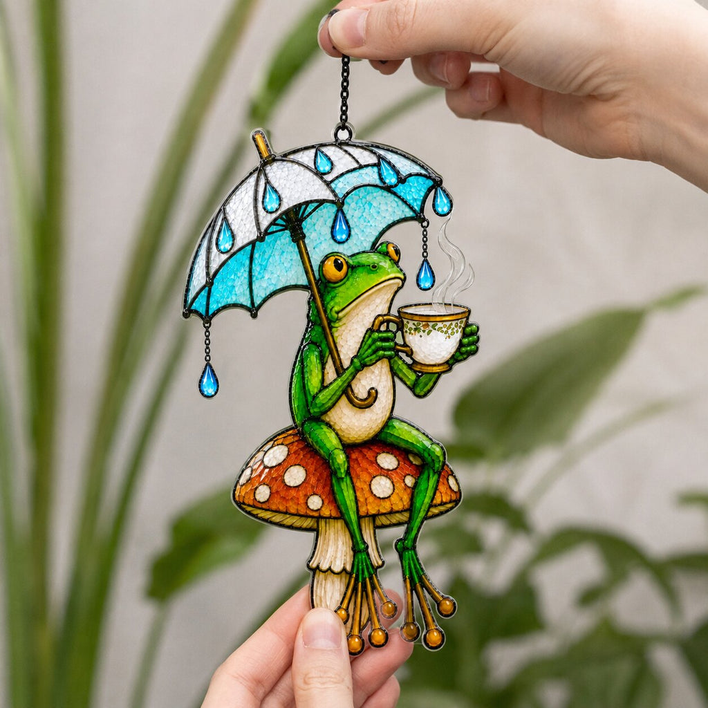 Tea Time Frog on Mushroom Holographic Acrylic Suncatcher