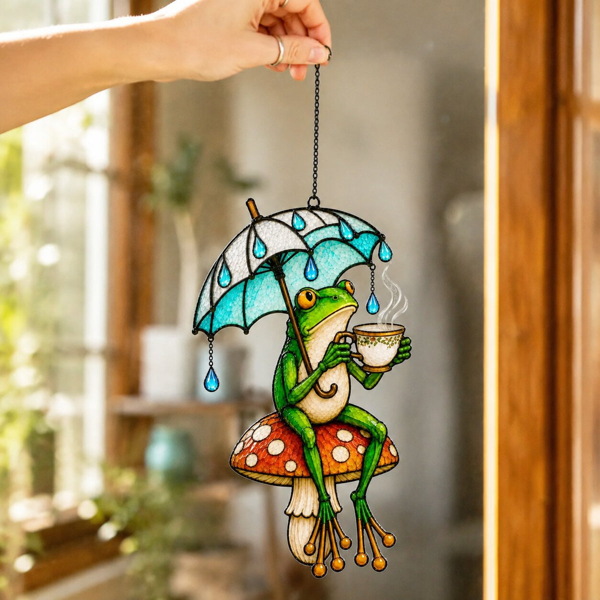 Tea Time Frog on Mushroom Holographic Acrylic Suncatcher