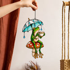 Tea Time Frog on Mushroom Holographic Acrylic Suncatcher