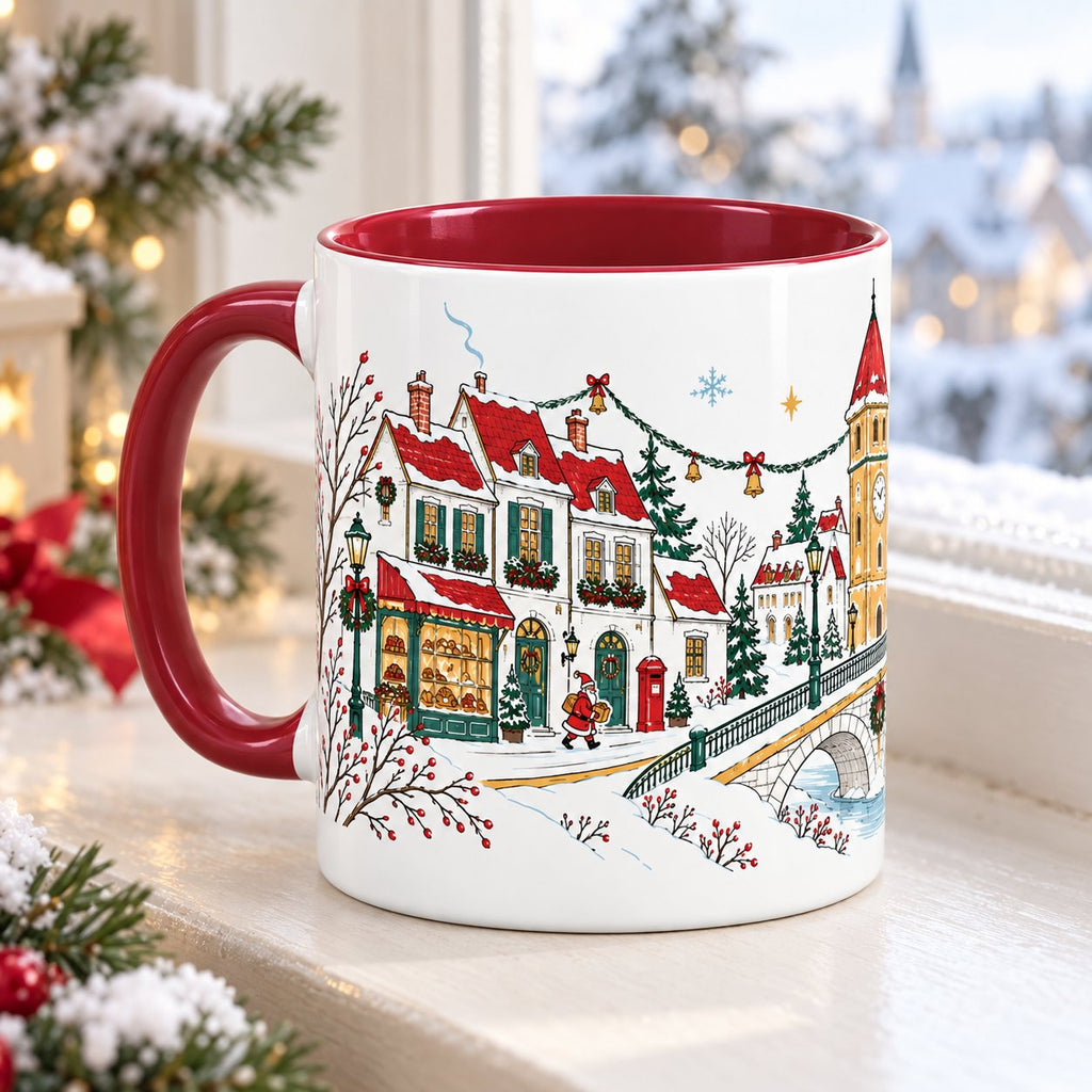 The Christmas Promenade mug, bakery side: townhouses with red roofs, a lit bakery window, Santa with a parcel and a red mailbox, on a winter windowsill