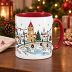 Christmas village mug with red handle on a walnut table with gingerbread and candy cane behind