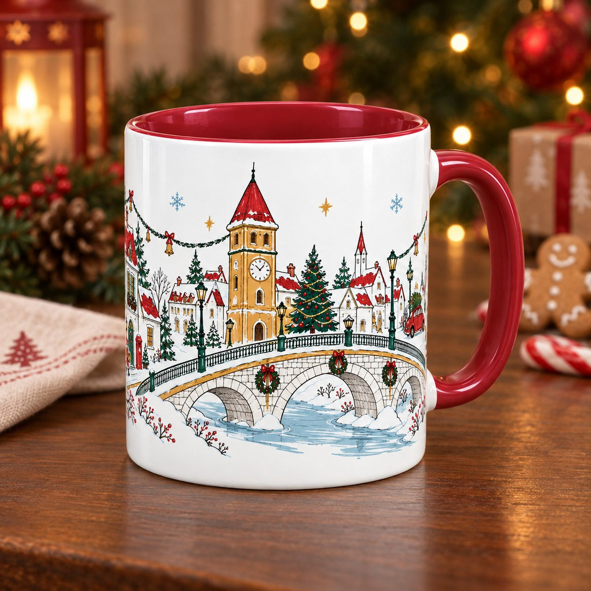 Christmas village mug with red handle on a walnut table with gingerbread and candy cane behind