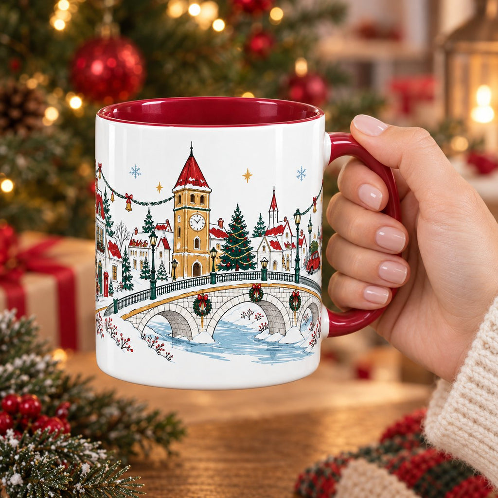 Hand holding the Christmas Promenade mug by its red handle, clock tower and bridge side facing out