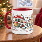 Christmas Promenade mug bakery side on a wooden side table in a cozy reading nook