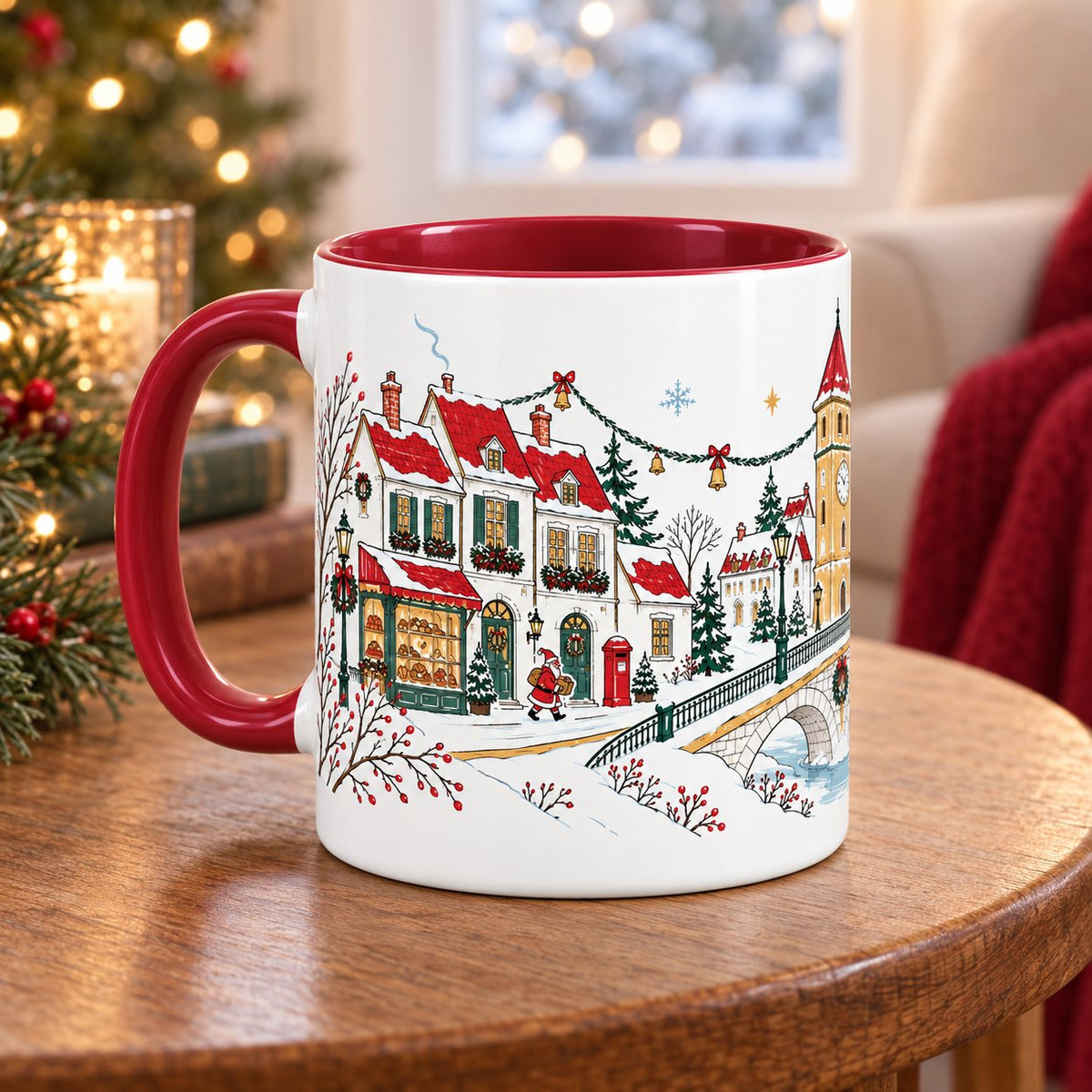 Christmas Promenade mug bakery side on a wooden side table in a cozy reading nook
