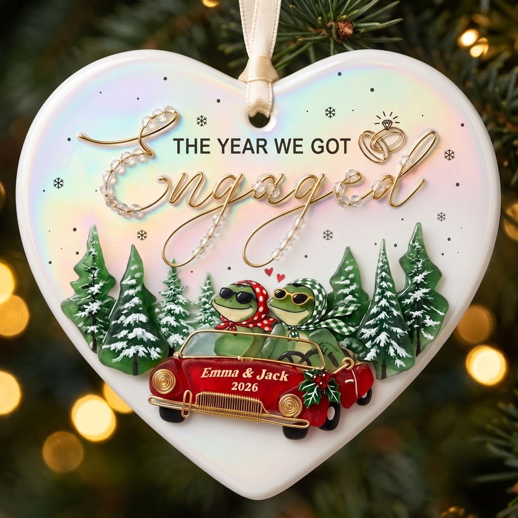 Personalized The Year We Got Engaged Frog Couple Heart Ceramic Christmas Ornament — Along for the Ride