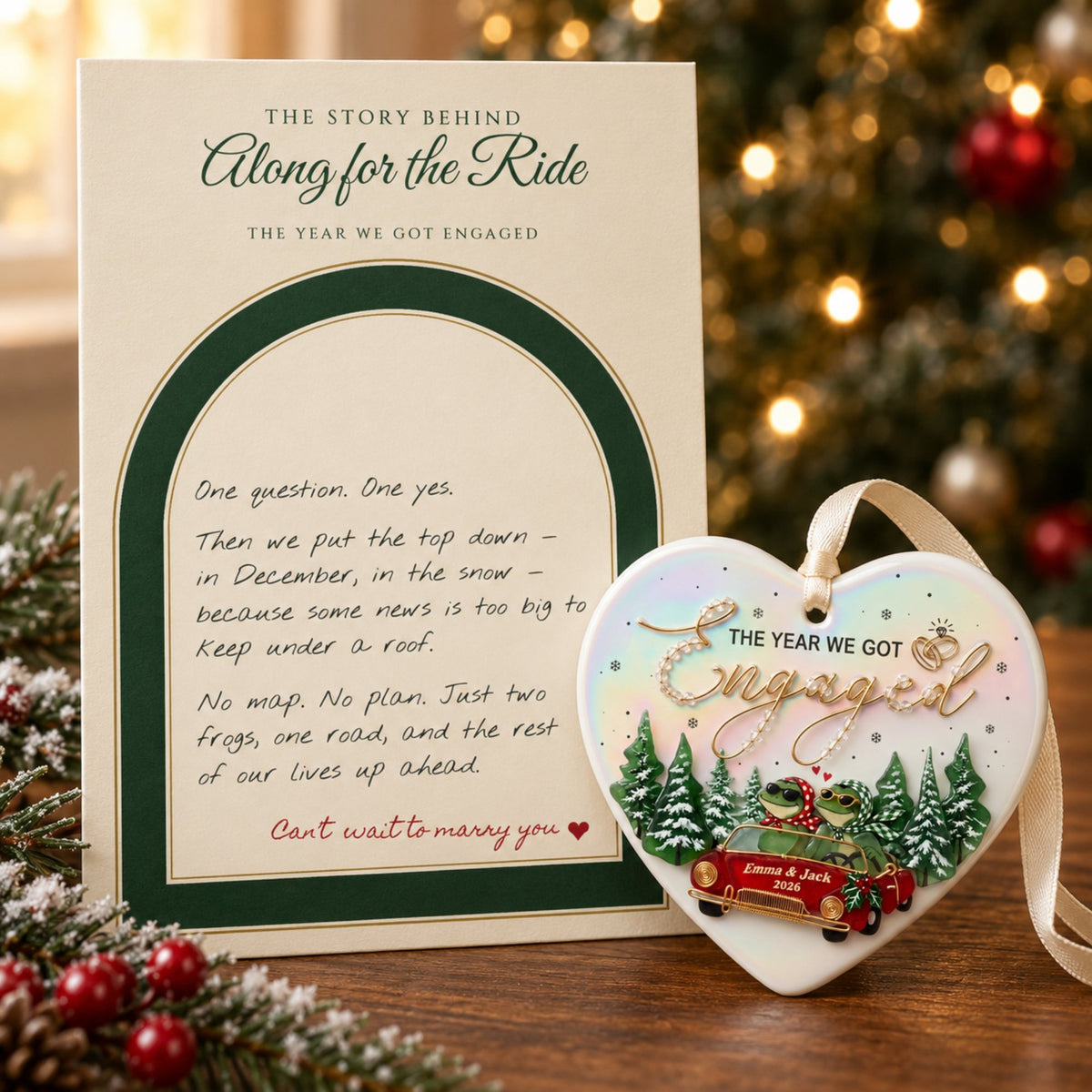 Personalized The Year We Got Engaged Frog Couple Heart Ceramic Christmas Ornament — Along for the Ride