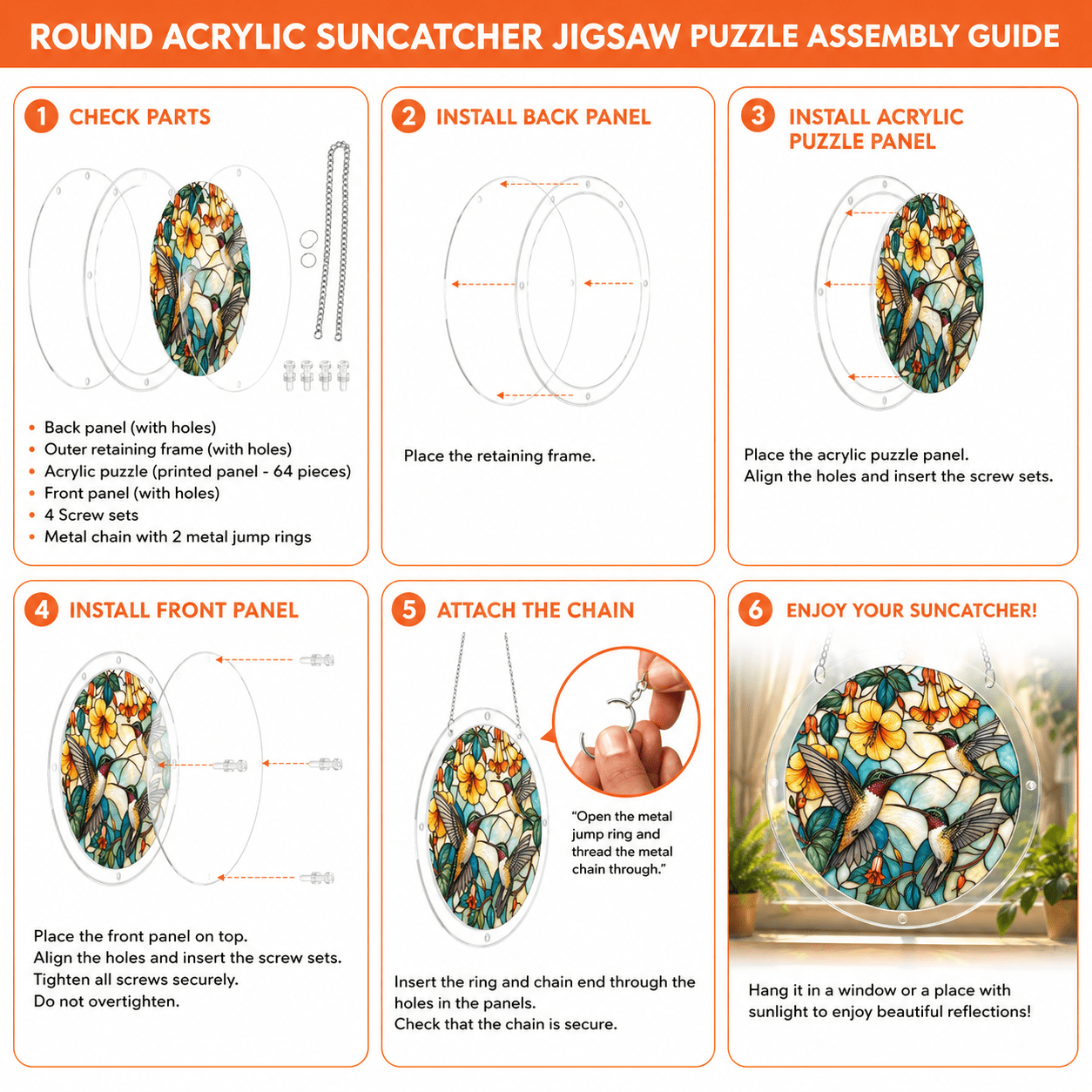 Easy assembly guide for round acrylic three hummingbirds puzzle suncatcher