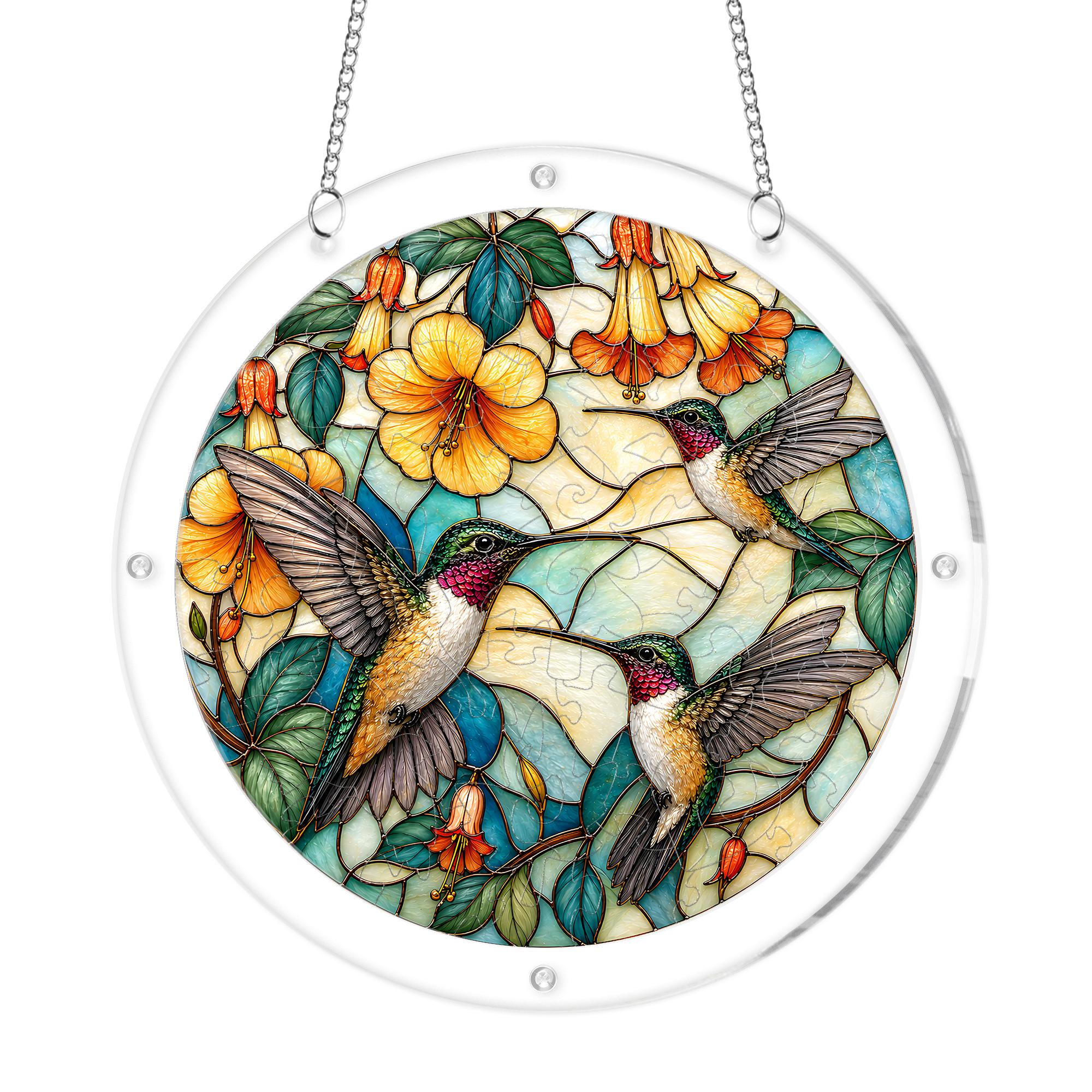 Front view of three hummingbirds yellow flower acrylic puzzle suncatcher