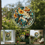Hand holding three hummingbirds yellow flower acrylic puzzle suncatcher near a window