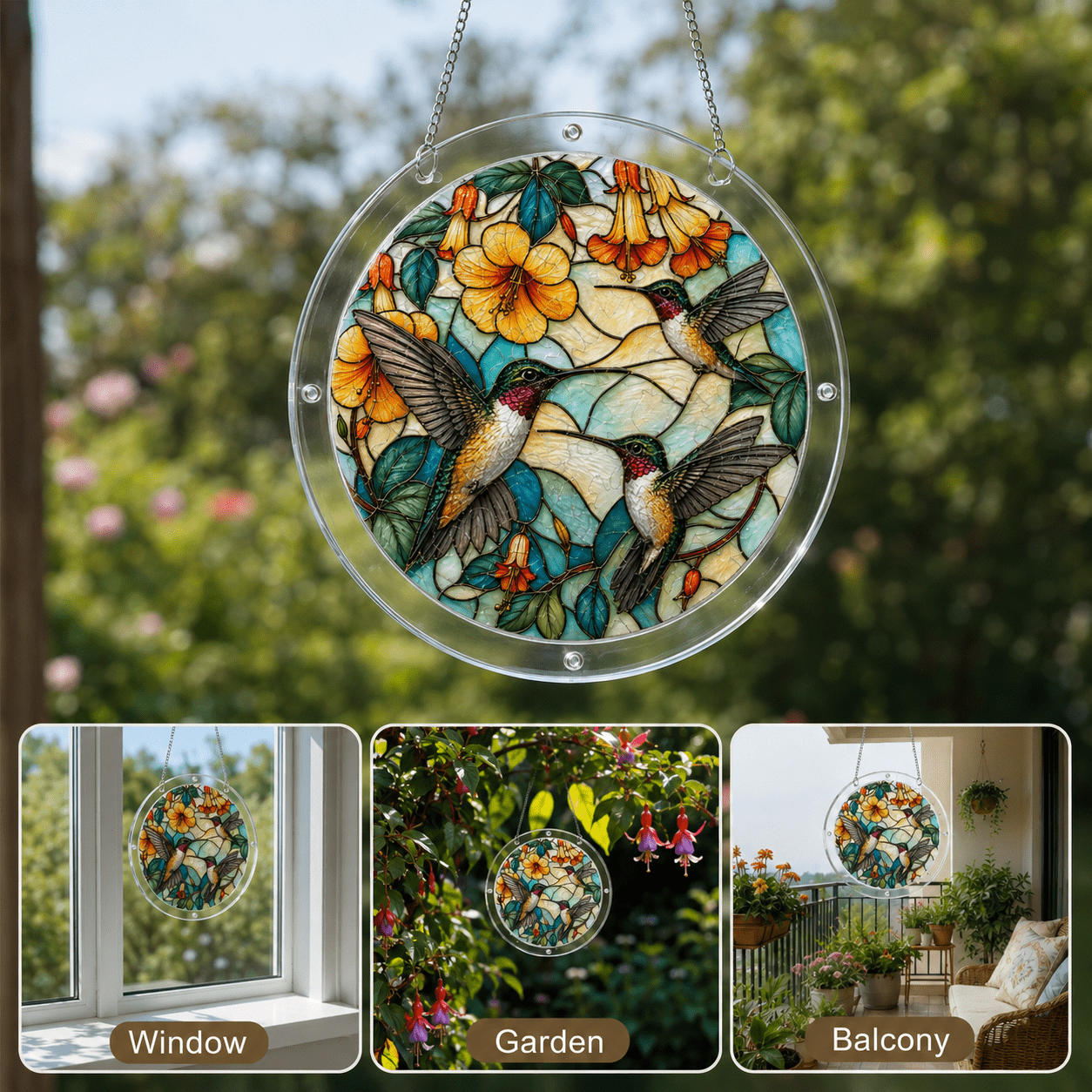 Hand holding three hummingbirds yellow flower acrylic puzzle suncatcher near a window