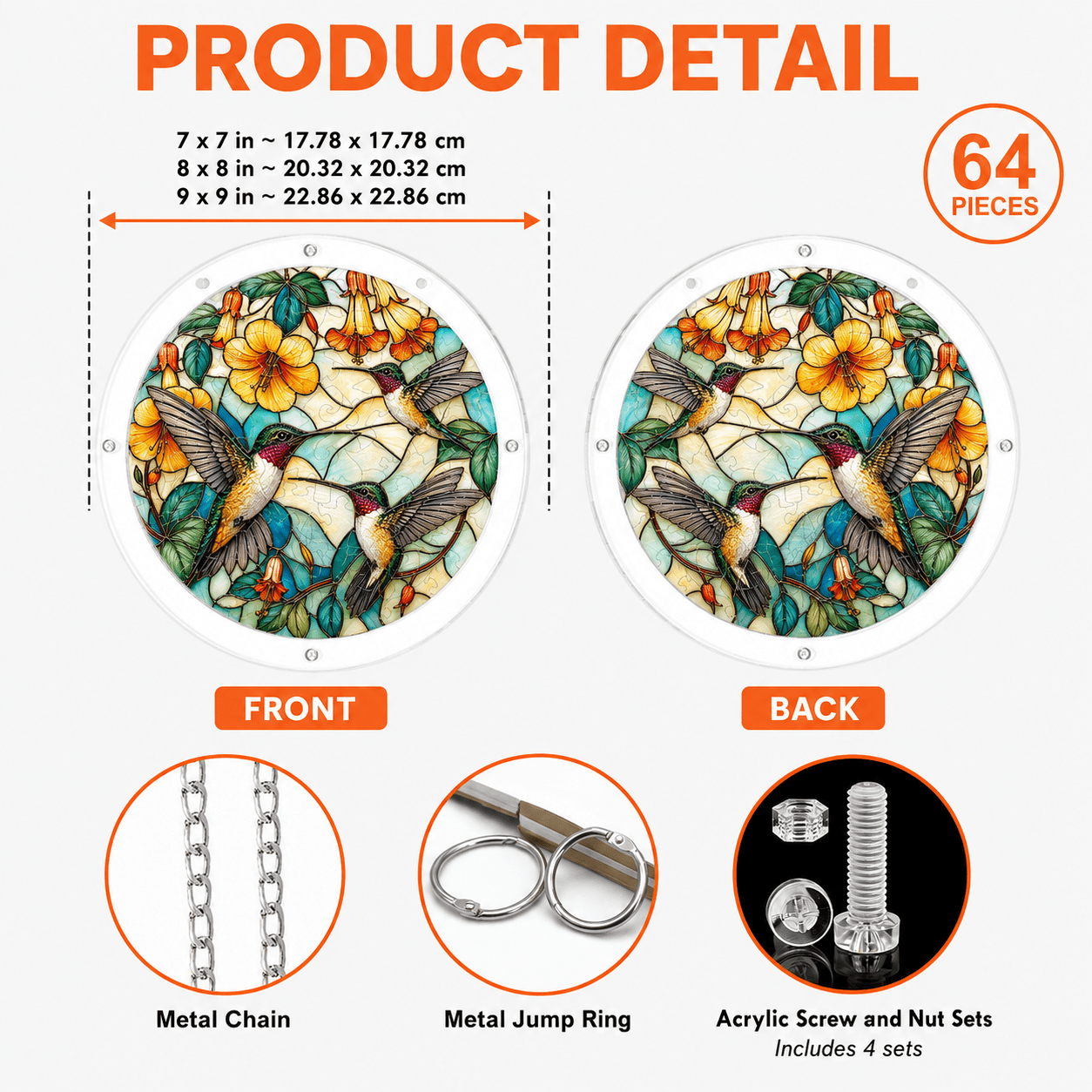 Product details of three hummingbirds yellow flower acrylic puzzle suncatcher with chain and screw sets