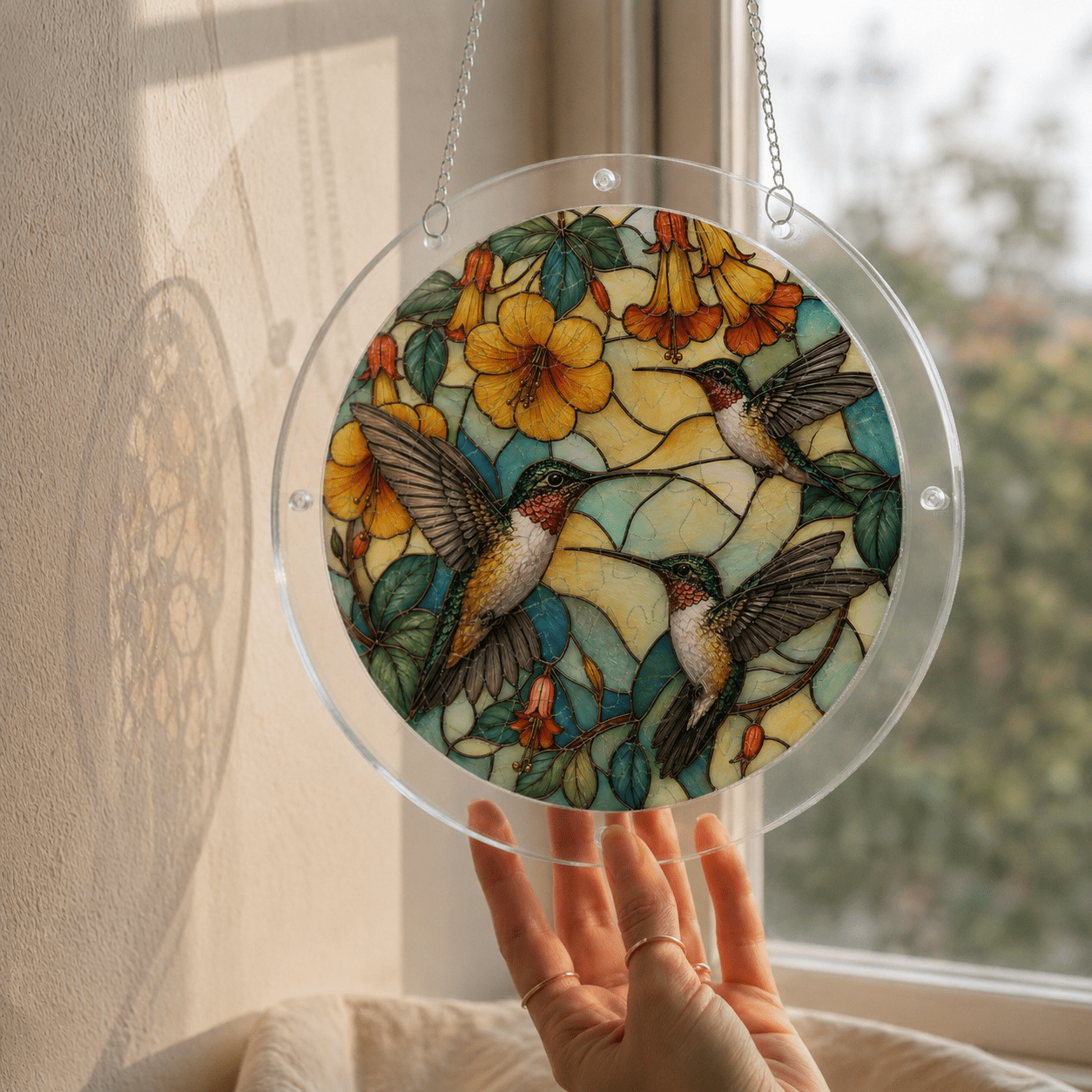 Three hummingbirds yellow flower acrylic puzzle suncatcher displayed in sunlight near a window