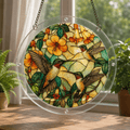 Three hummingbirds yellow flower acrylic puzzle suncatcher hanging by a sunny window