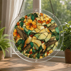 Three hummingbirds yellow flower acrylic puzzle suncatcher hanging by a sunny window