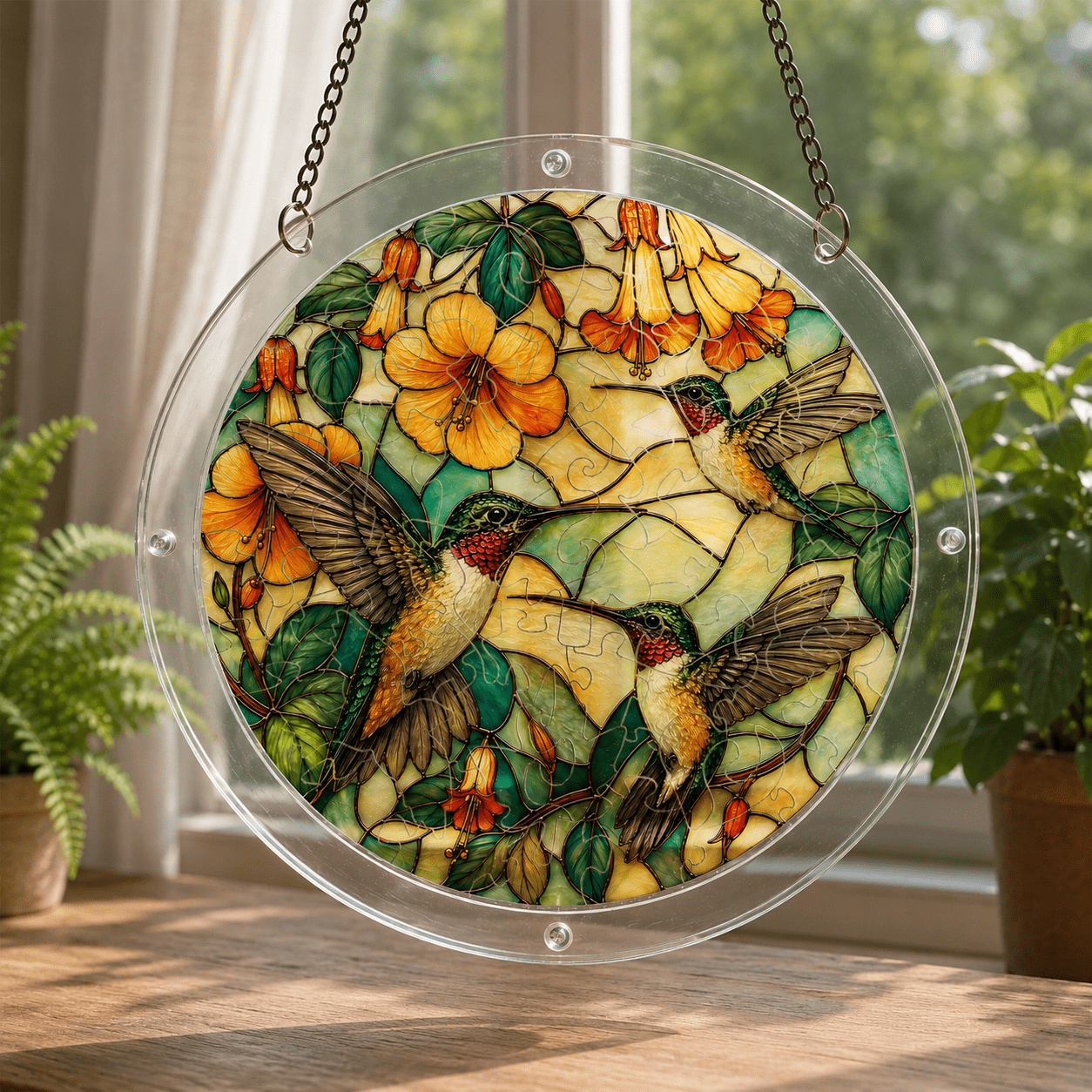 Three hummingbirds yellow flower acrylic puzzle suncatcher hanging by a sunny window
