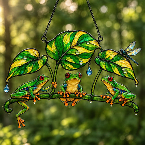 Three Tree Frogs Under Leaf Canopy Holographic Acrylic Suncatcher