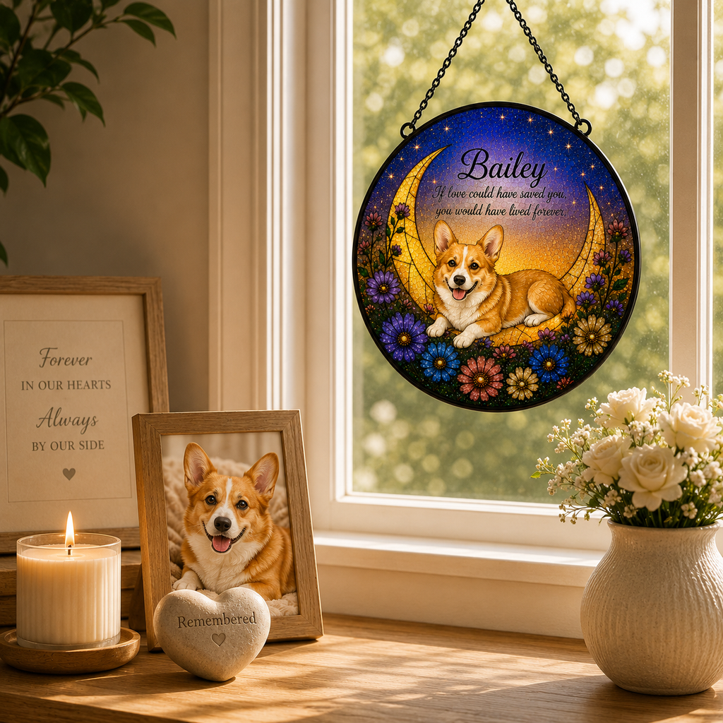 Decorative plaque with a dog illustration and floral design, placed on a windowsill with a candle and framed photo.