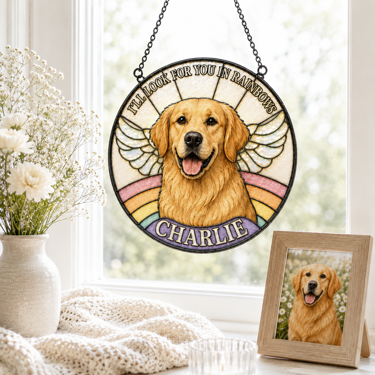 Stained glass panel of a golden retriever with wings and rainbow, featuring the name 'Charlie'.