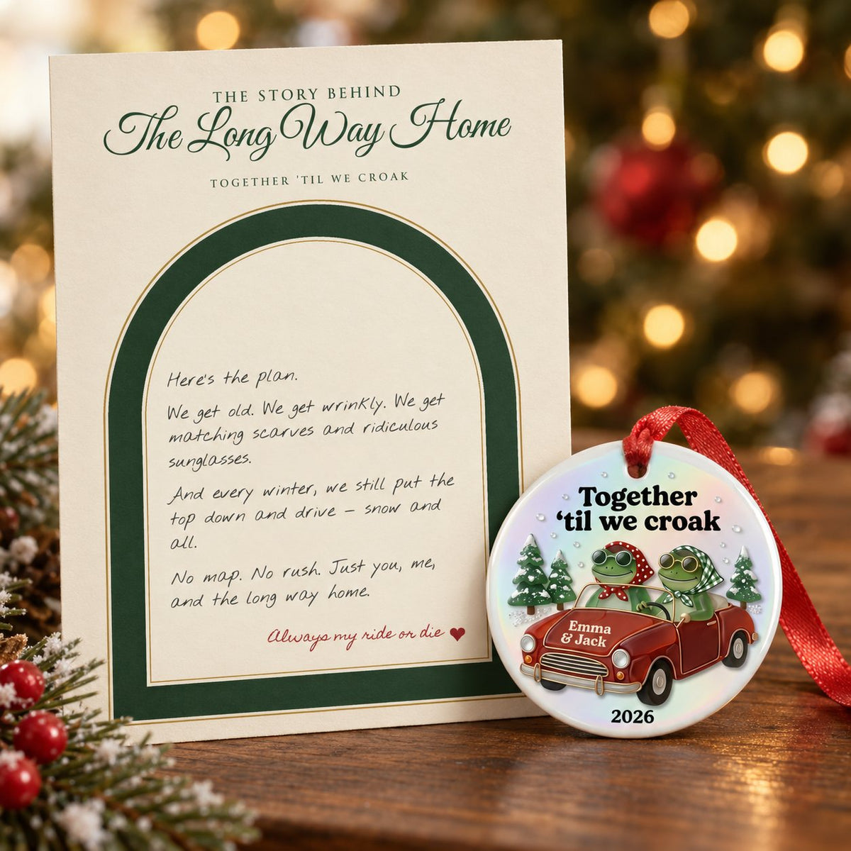Personalized Together 'Til We Croak Frog Couple Road Trip Ceramic Christmas Ornament — The Long Way Home
