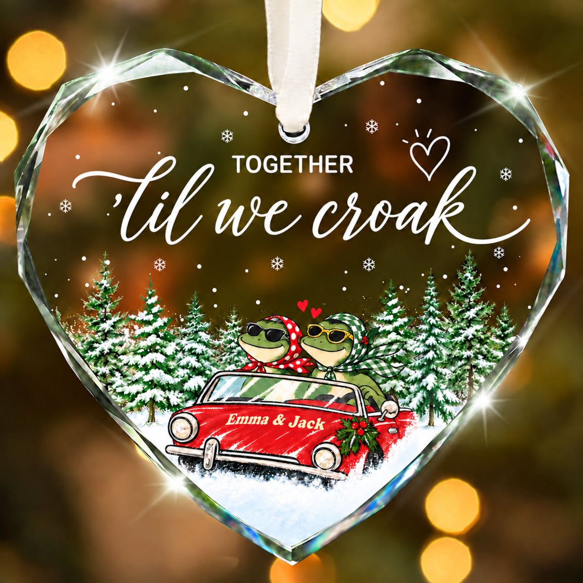 Personalized Together 'Til We Croak Frog Couple Road Trip Heart Glass Ornament