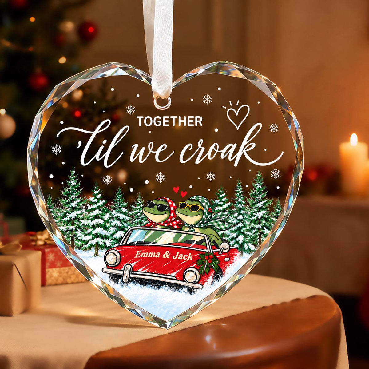 Personalized Together 'Til We Croak Frog Couple Road Trip Heart Glass Ornament