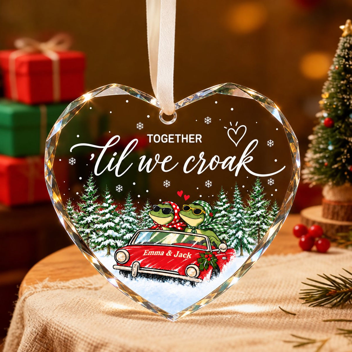 Personalized Together 'Til We Croak Frog Couple Road Trip Heart Glass Ornament