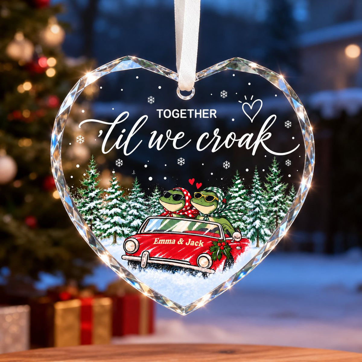 Personalized Together 'Til We Croak Frog Couple Road Trip Heart Glass Ornament
