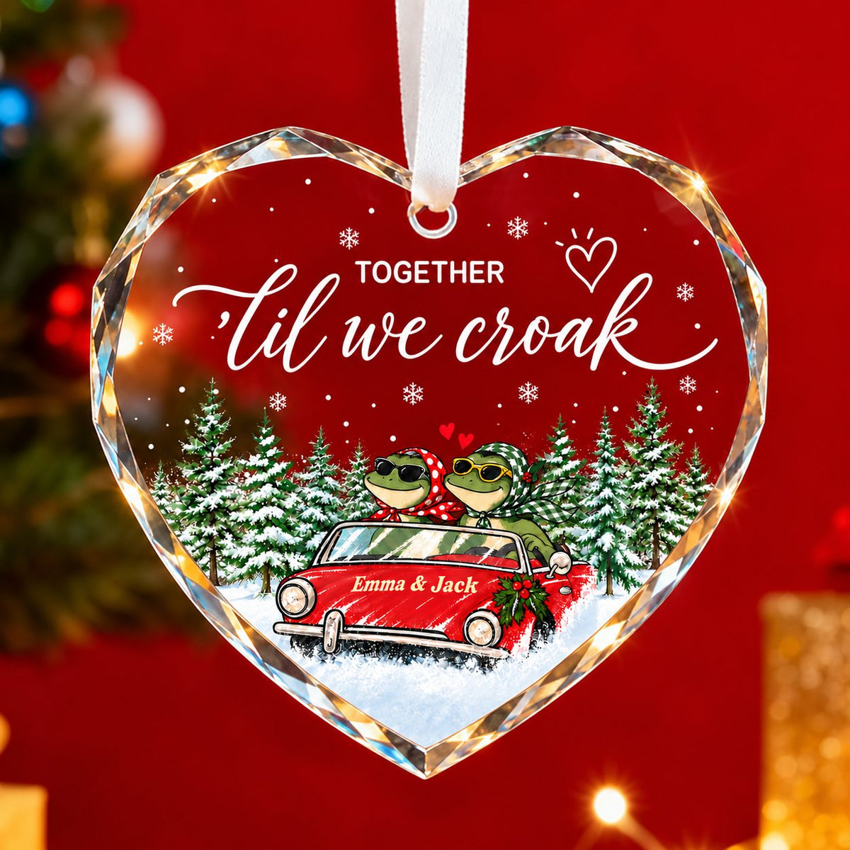 Personalized Together 'Til We Croak Frog Couple Road Trip Heart Glass Ornament
