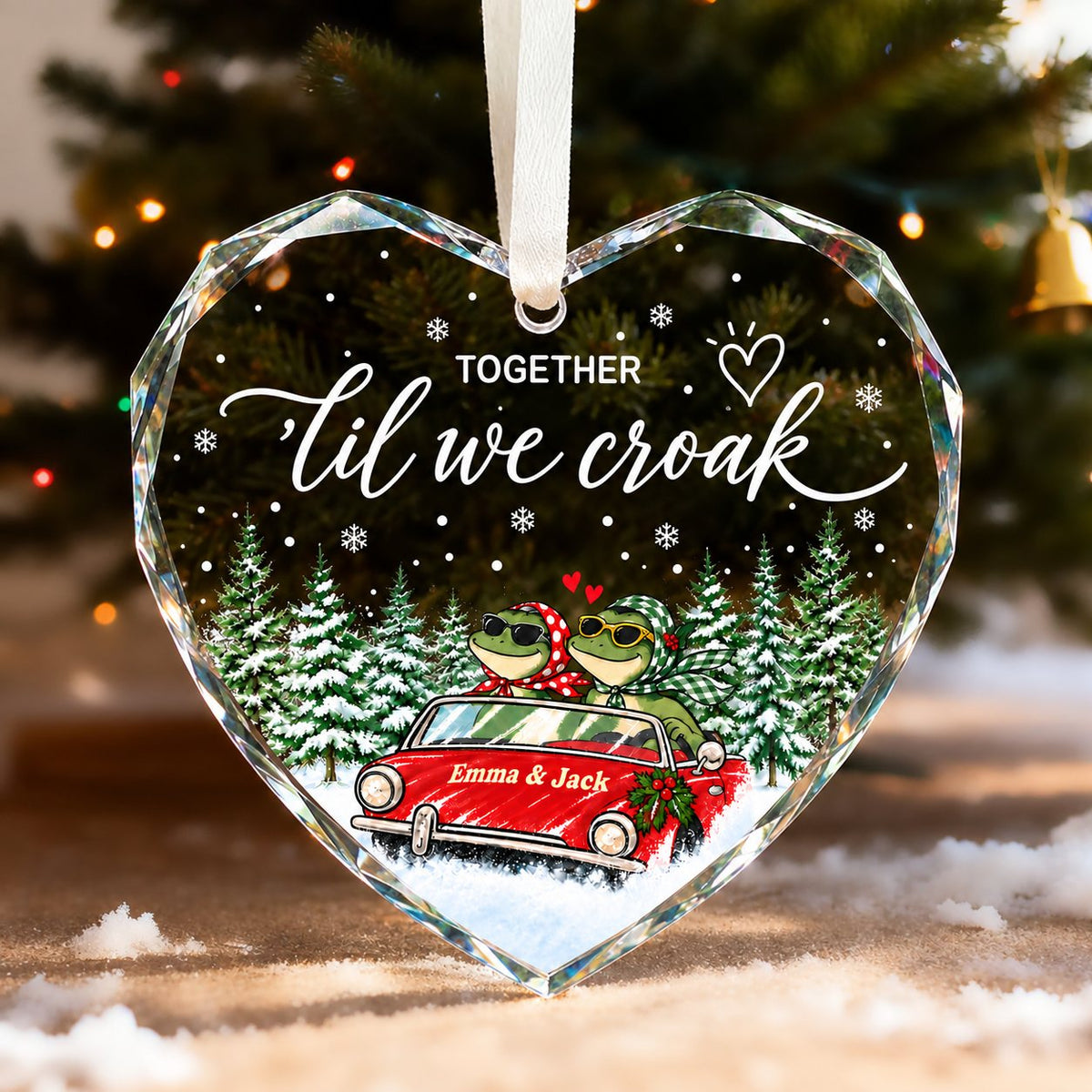 Personalized Together 'Til We Croak Frog Couple Road Trip Heart Glass Ornament