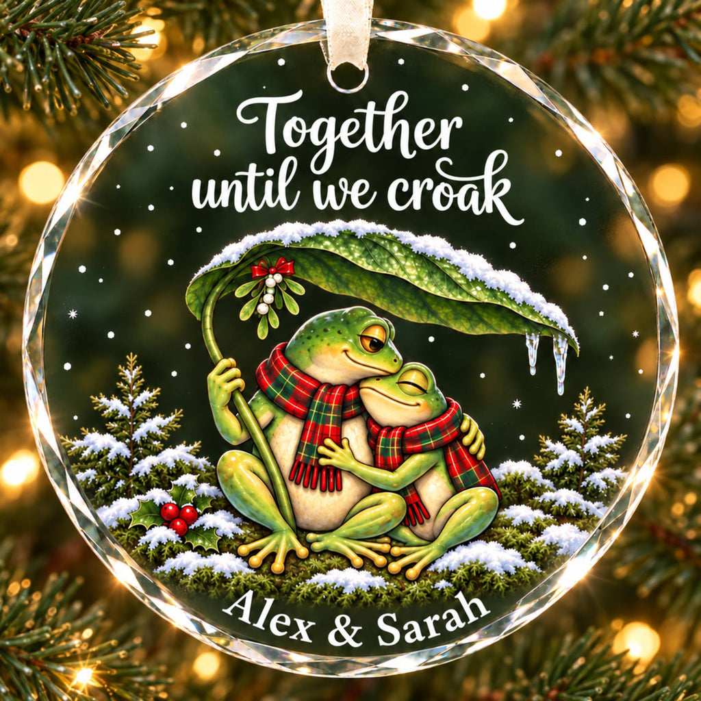 Personalized Together Until We Croak Frog Couple Snowy Leaf Glass Christmas Ornament