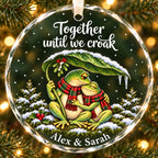Personalized Together Until We Croak Frog Couple Snowy Leaf Glass Christmas Ornament