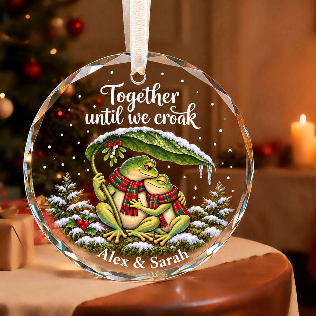 Personalized Together Until We Croak Frog Couple Snowy Leaf Glass Christmas Ornament