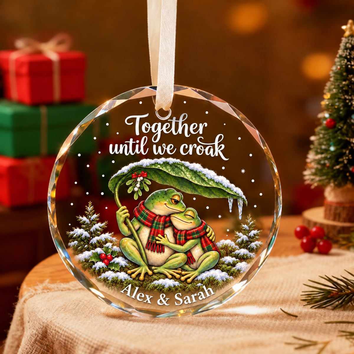 Personalized Together Until We Croak Frog Couple Snowy Leaf Glass Christmas Ornament