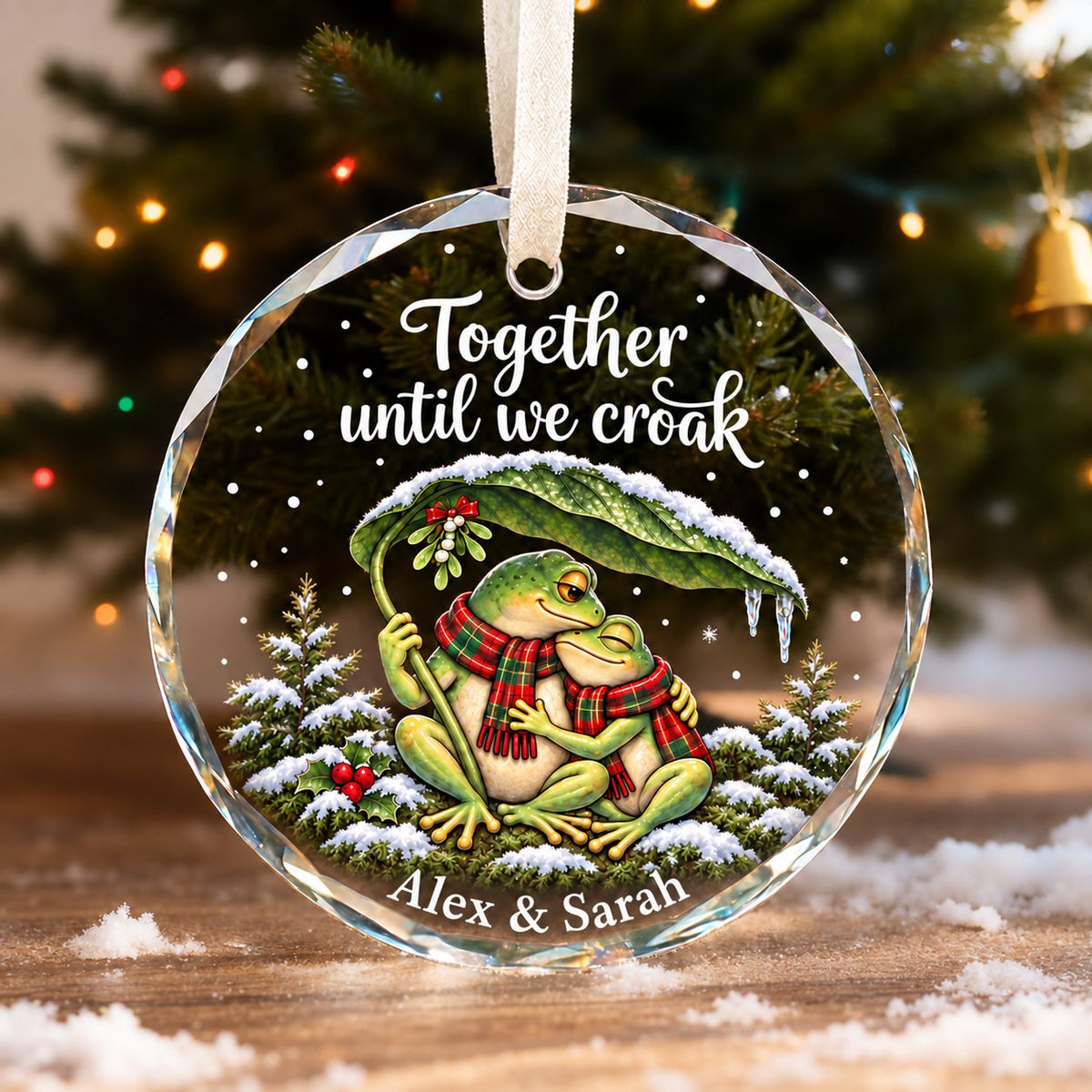 Personalized Together Until We Croak Frog Couple Snowy Leaf Glass Christmas Ornament