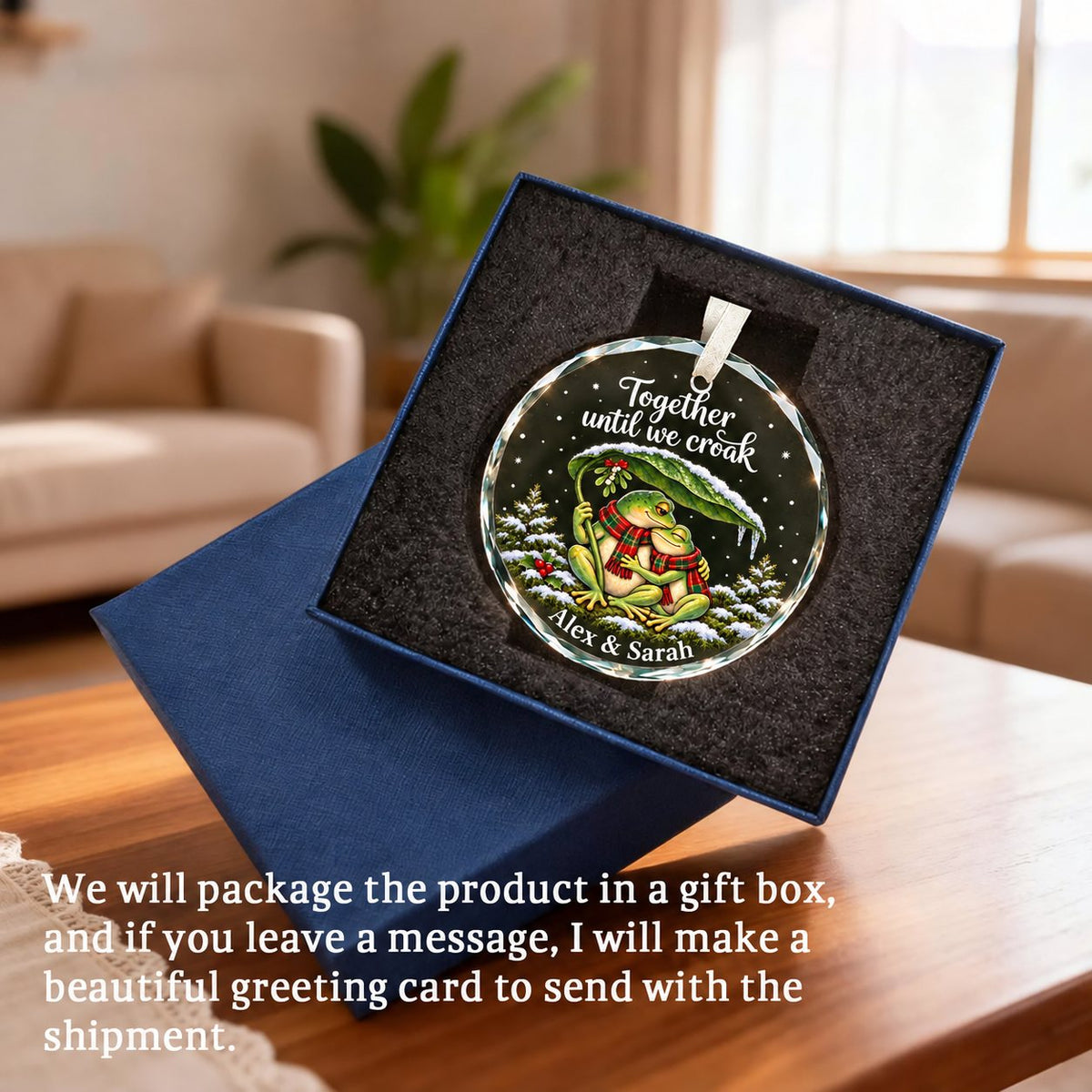 Personalized Together Until We Croak Frog Couple Snowy Leaf Glass Christmas Ornament